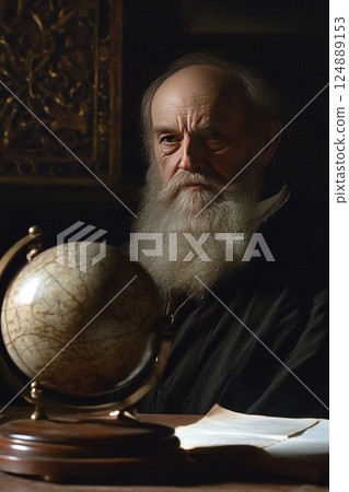 Galileo Galilei contemplating the mysteries of the universe at his study in the 17th century 124889153