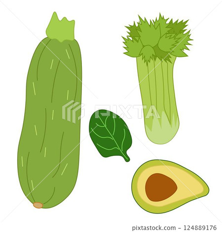 Avocado, spinach, zucchini, celery flat isolated. Vector icon logo set. art for food design, recipe, cook book, packages, menu, food ads and decor Eat green Avocado, spinach, zucchini, celery flat isolated. Vector icon logo set. art for food design, recipe, cook book, packages, menu, food ads and decor Eat green 124889176