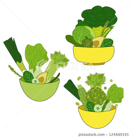 Fresh green vegetable salad in colored ceramic bowl. Fresh and healthy food. Vegetarian nutrition. Flat vector for cafe or restaurant menu Design for menu, package, cosmetic, textile. Eat green Fresh green vegetable salad in colored ceramic bowl. Fresh and healthy food. Vegetarian nutrition. Flat vector for cafe or restaurant menu Design for menu, package, cosmetic, textile. Eat green 124889191