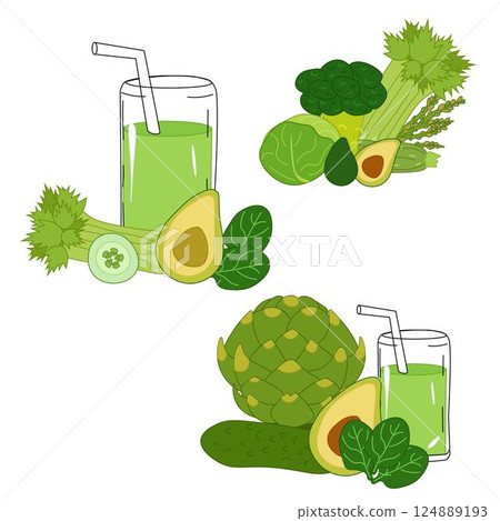 Smoothie green healthy juice fresh diet set. Organic vegetable shake smoothie. Green fruits and vegetables mix in glass jar. Vector flat composition. Ideal for menu and package designs. Eat green 124889193