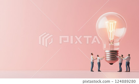 Conceptual image of a glowing light bulb surrounded by miniature business people discussing and Conceptual image of a glowing light bulb surrounded by miniature business people discussing and 124889280