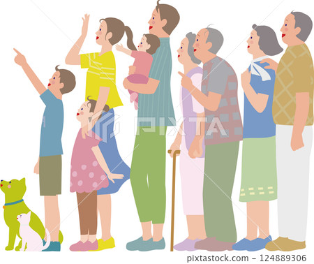 A three-generation family. A couple looking up with smiles, parents and children, and a pet. 124889306
