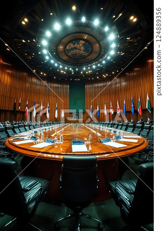 International meeting taking place in a large hall with a round table for country representatives 124889356