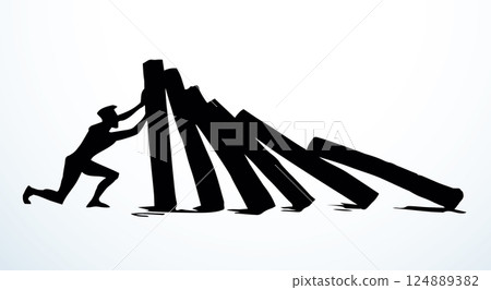A man stops falling dominoes. Vector drawing A man stops falling dominoes. Vector drawing 124889382