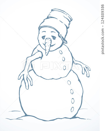Snowman in snow. Vector drawing. 124889386