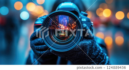 Capturing distorted reality with a large lens camera during a vibrant day. Header banner mockup with copy space. 124889436