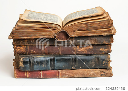 Antique books stacked with an open volume revealing aged pages and worn covers Antique books stacked with an open volume revealing aged pages and worn covers 124889438