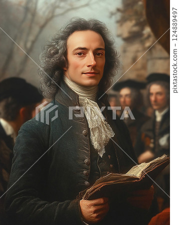 Young Voltaire recites poetry to captivated audience during an early 18th century event 124889497