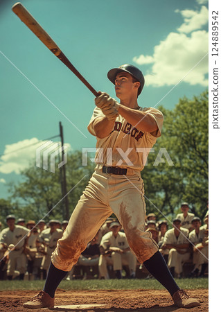 Baseball player swings bat in historic village as fans watch the game unfold Baseball player swings bat in historic village as fans watch the game unfold 124889542