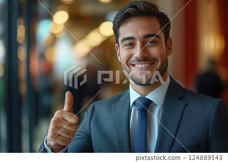 Businessman showing thumbs up in urban setting with mirrored buildings reflecting light 124889543