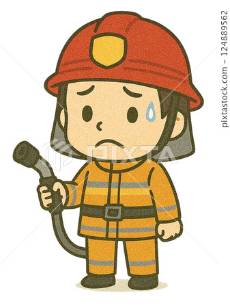 Chibi firefighter character standing with a hose (worried face) 124889562
