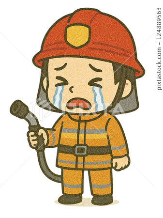 赤壁消防員角色(哭泣的臉)拿著水管站著 赤壁消防員角色(哭泣的臉)拿著水管站著 124889563