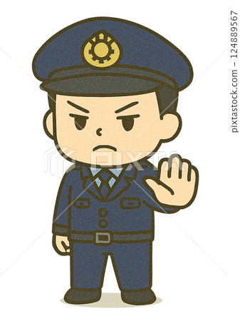 A chibi character of a police officer at a police box (with a stern expression and a restraining pose) 124889567