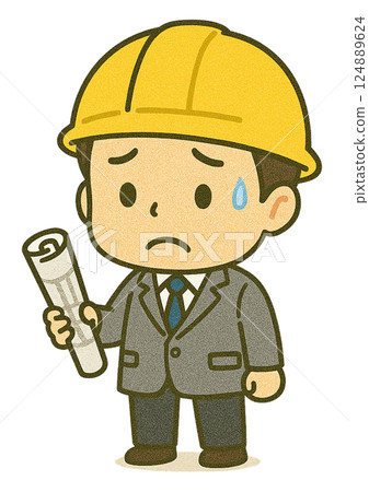 建築工地上的男建築師（Q版人物：愁眉苦臉、冷汗淋漓） 124889624