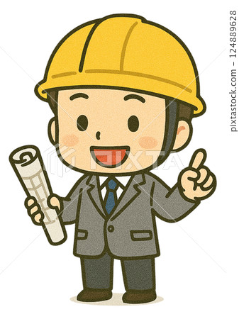 男建築師拿著建築工地的藍圖（微笑著指著） 124889628