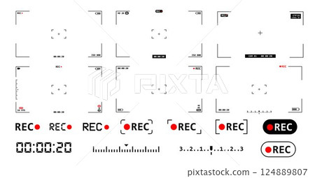 Recording sign icon, Camera viewfinder, Video camera screen, Screen photography frame vector illustration Recording sign icon, Camera viewfinder, Video camera screen, Screen photography frame vector illustration 124889807