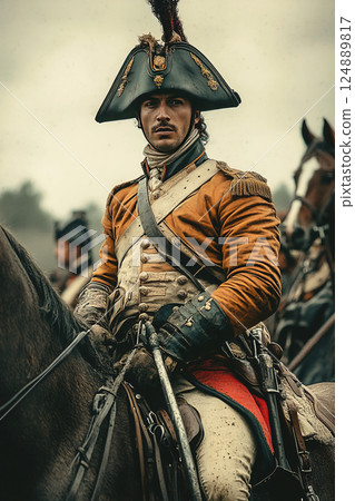 Spanish Dragoon portrait from 1763 showcases military attire and equestrian skills 124889817