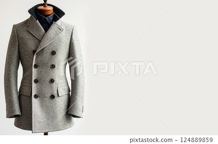 Modern classic coat displayed on a mannequin against a simple white background. Header banner mockup with copy space. Modern classic coat displayed on a mannequin against a simple white background. Header banner mockup with copy space. 124889859