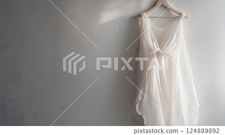 White dress hanging on a hanger. The dress is white and has a bow. The hanger is wooden 124889892