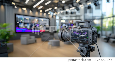 podcast studio concept, High quality camera setup in modern studio for podcast recording 124889967