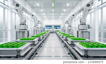 food technology concept, Futuristic automated packaging facility with robotic arms and green trays food technology concept, Futuristic automated packaging facility with robotic arms and green trays 124890075