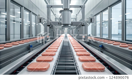 food technology concept, Futuristic meat processing plant with automated conveyor system for cultured meat 124890076