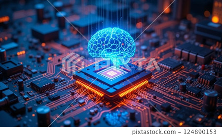 Futuristic AI Microchip with Glowing Holographic Brain on High Tech Circuit Board | Cyberpunk Digital Technology Background. 124890153
