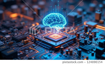 Futuristic AI Microchip with Glowing Holographic Brain on High Tech Circuit Board | Cyberpunk Digital Technology Background. 124890154