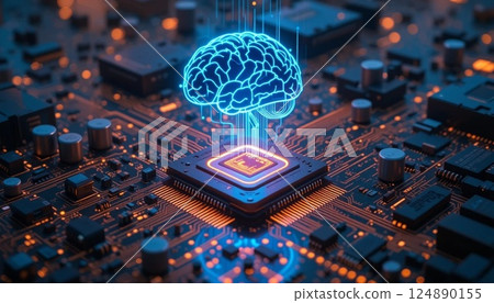Futuristic AI Microchip with Glowing Holographic Brain on High Tech Circuit Board | Cyberpunk Digital Technology Background. 124890155