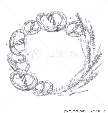 Oval wreath with rye ears and pretzels. Isolated pencil illustration on the theme of baking in a realistic style for the design of bakery products, interior and restaurant menus. 124890184