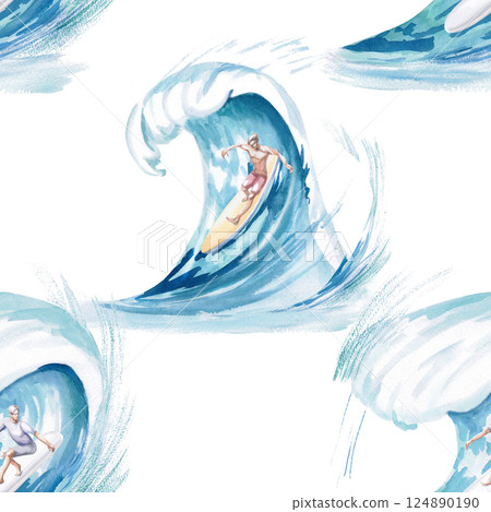 Seamless pattern on white background with waves and surfers. Isolated watercolor illustration on the theme of active recreation for design of clothes, decoration of sport shops, seafood restaurants 124890190