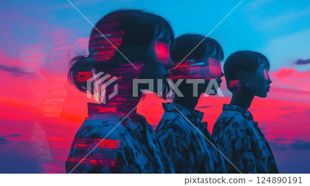Three people are standing in front of a blue sky. The sky is filled with clouds and the sun is setting 124890191