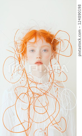 Woman with orange hair and a white shirt. She is wearing a headpiece made of orange and white strings 124890198
