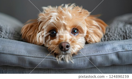 Small dog laying on a couch with its head resting on the couch Small dog laying on a couch with its head resting on the couch 124890239
