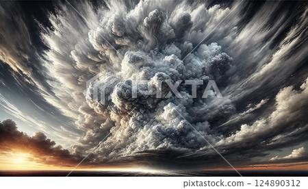 A close-up view of enormous, dramatic cloud formations with varying shades of gray, white, and hints of color. The dense, swirling clouds create an intense, immersive atmosphere with a mix of light 124890312
