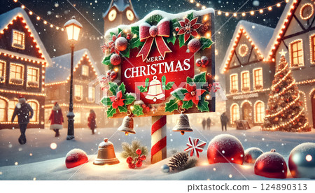 A vibrant Christmas sign stands in front of a snow-covered village square during the evening, illuminated by festive lights. The sign is decorated with holly, bells, and red ribbons, with snowflakes 124890313