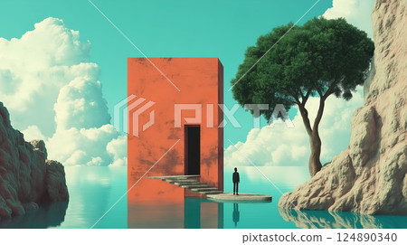 Man stands in front of a red building. The building is on a cliff overlooking a body of water 124890340