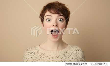 Woman with short brown hair and a white sweater with black and white polka dots. She is making a surprised face Woman with short brown hair and a white sweater with black and white polka dots. She is making a surprised face 124890345