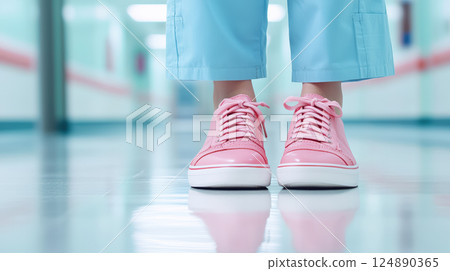 Close up of nurse wearing pink sneakers and light blue scrubs, standing in brightly lit hospital hallway, symbolizing care and dedication 124890365