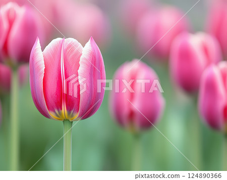vibrant pink tulip in full bloom stands out in lush spring garden, surrounded by soft focus background of similar flowers 124890366