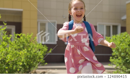 child kid girl daughter running school backpack, returning from school from lessons, children education school yard house running leg, joyous child playtime, kid enjoying outdoors, outdoor fun child child kid girl daughter running school backpack, returning from school from lessons, children education school yard house running leg, joyous child playtime, kid enjoying outdoors, outdoor fun child 124890415
