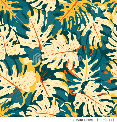 pattern with monstera palm leaves 124890541