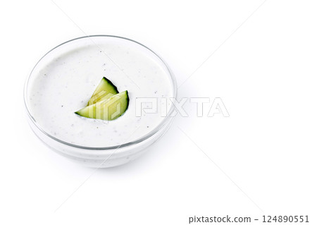 Greek Tzatziki sauce in bowl isolated on white background Greek Tzatziki sauce in bowl isolated on white background 124890551