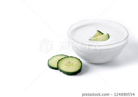 Greek Tzatziki sauce in bowl isolated on white background 124890554