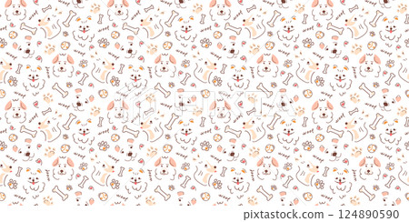Seamless pattern with dogs, pet food, inscriptions. Vector illustration in doodle style, hand-drawn silhouettes. Contour print for textiles, packaging, and pet products. Seamless pattern with dogs, pet food, inscriptions. Vector illustration in doodle style, hand-drawn silhouettes. Contour print for textiles, packaging, and pet products. 124890590