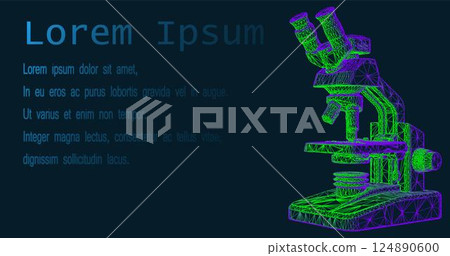 Biology. Futuristic low poly microscope image consisting of glowing lines, triangles isolated on a dark blue background. Modern frame design. Vector illustration 124890600