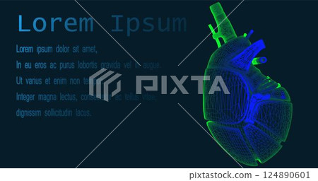 Cardiology of the future. Futuristic low poly human heart composed of glowing lines, triangles, lines isolated on a dark blue background. Modern frame design. Vector illustration Cardiology of the future. Futuristic low poly human heart composed of glowing lines, triangles, lines isolated on a dark blue background. Modern frame design. Vector illustration 124890601