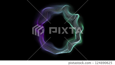 Abstract writhing circle lines of different colors on a black background. Vector illustration in concept technology, science, music, modernity. 124890625