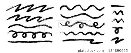Long and short wavy paint line set. Zig zag and undulate sketch brush stroke collection. Rough charcoal curved stripes for highlight, underline, emphasis, accent. Vector hand drawn crayon chalk strips 124890635