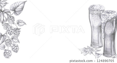 Rectangular frame with beer glasses and hop branches. Isolated pencil realistic style illustration for design of pubs, restaurants, menus, culinary magazines. 124890705